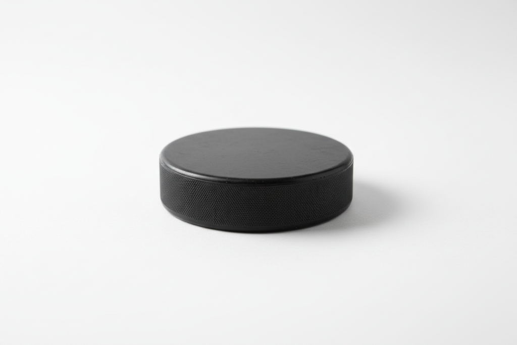 A unbranded hockey puck form side angle on white background with shadow