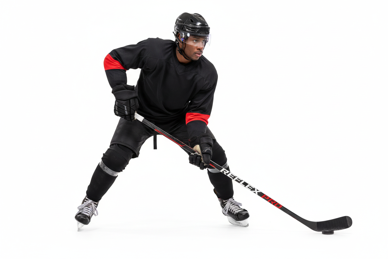 Black hockey player in playing stance holding hockey stick written reflex pro on white background 