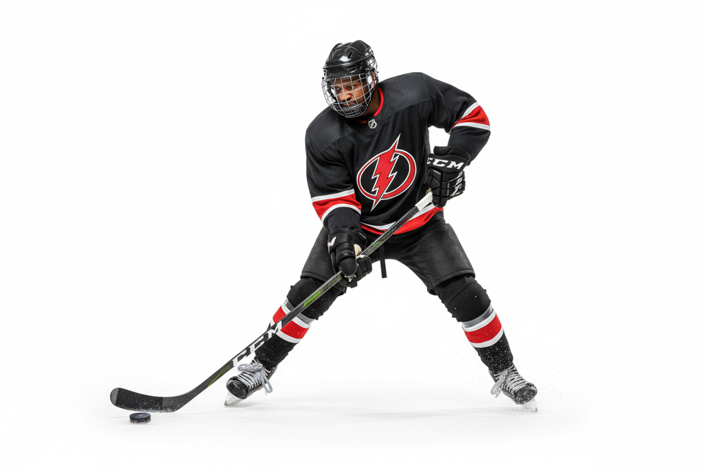 Black hockey player on white background shooting hockey puck