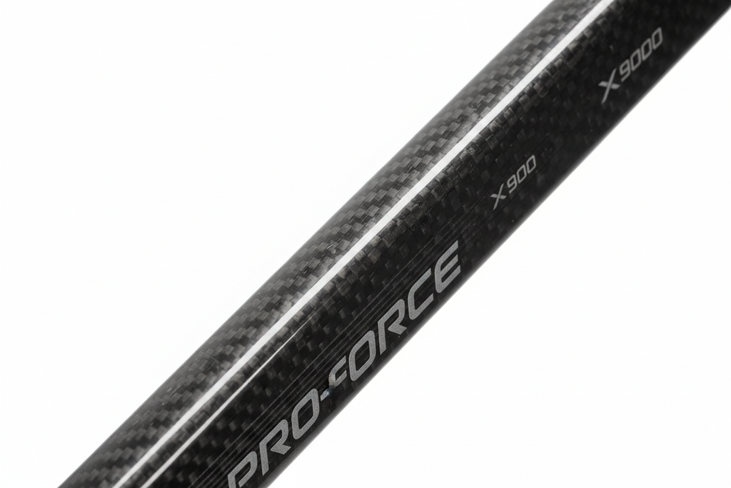 Close up of the main part of a hockey stick showing the premium material on white background