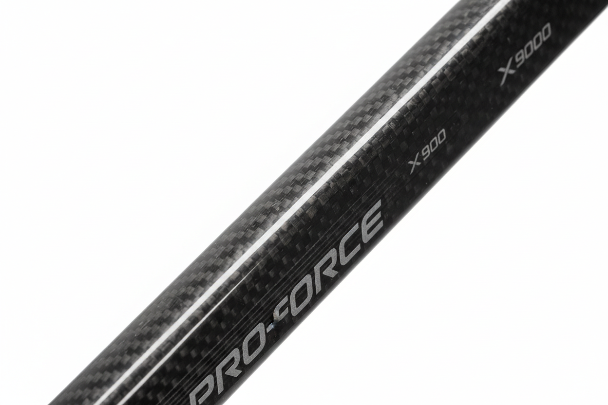 Close up of the main part of a hockey stick showing the premium material on white background