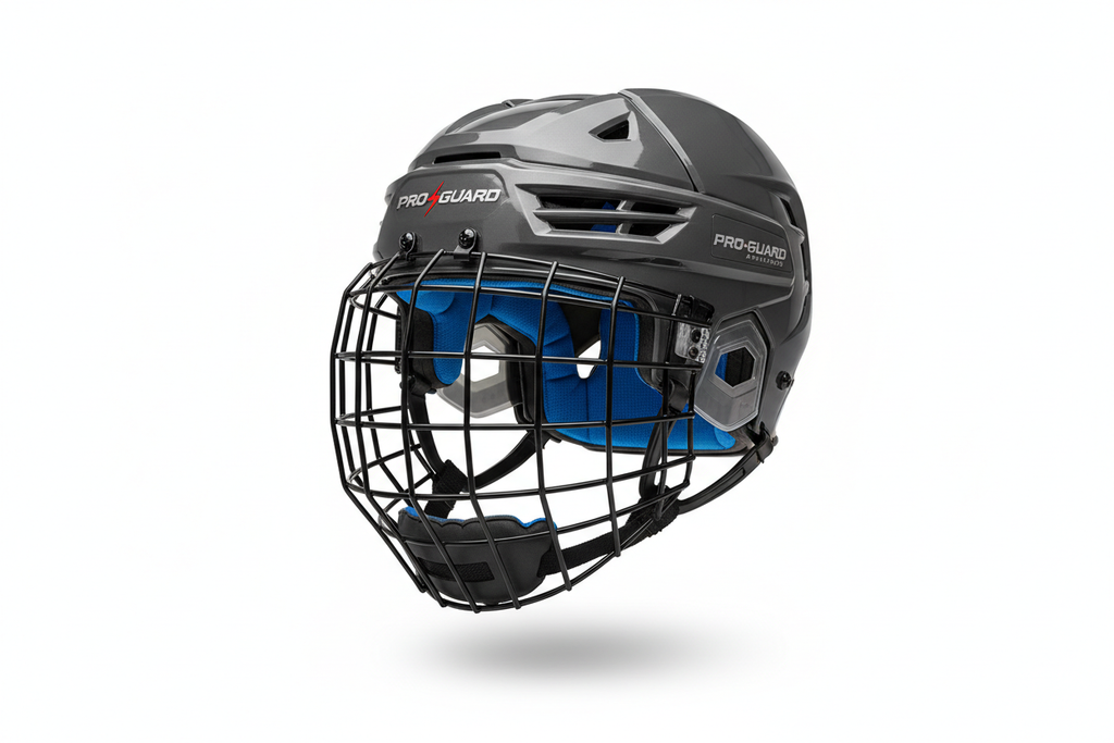 Hockey helmet floating on white background