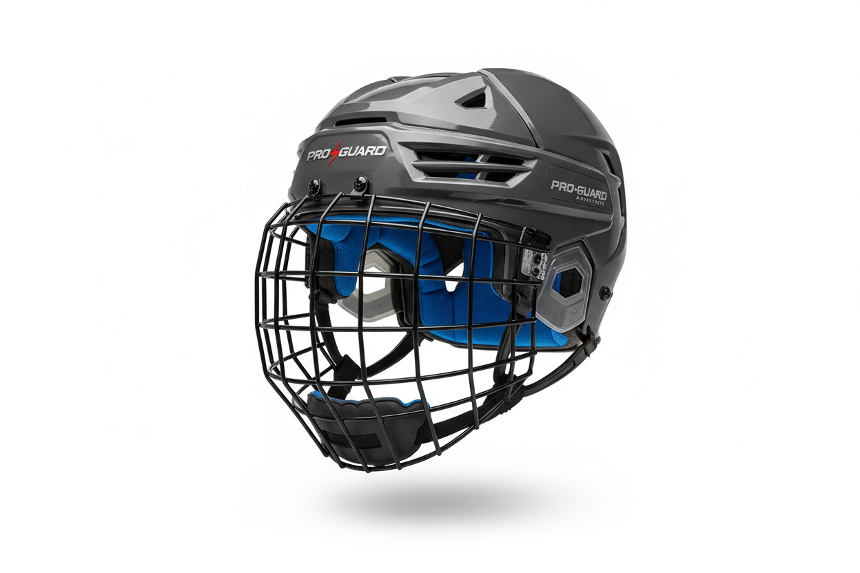 Hockey helmet floating on white background