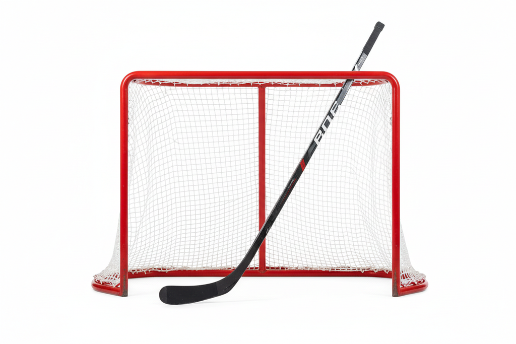 Hockey net with stick on it on white background
