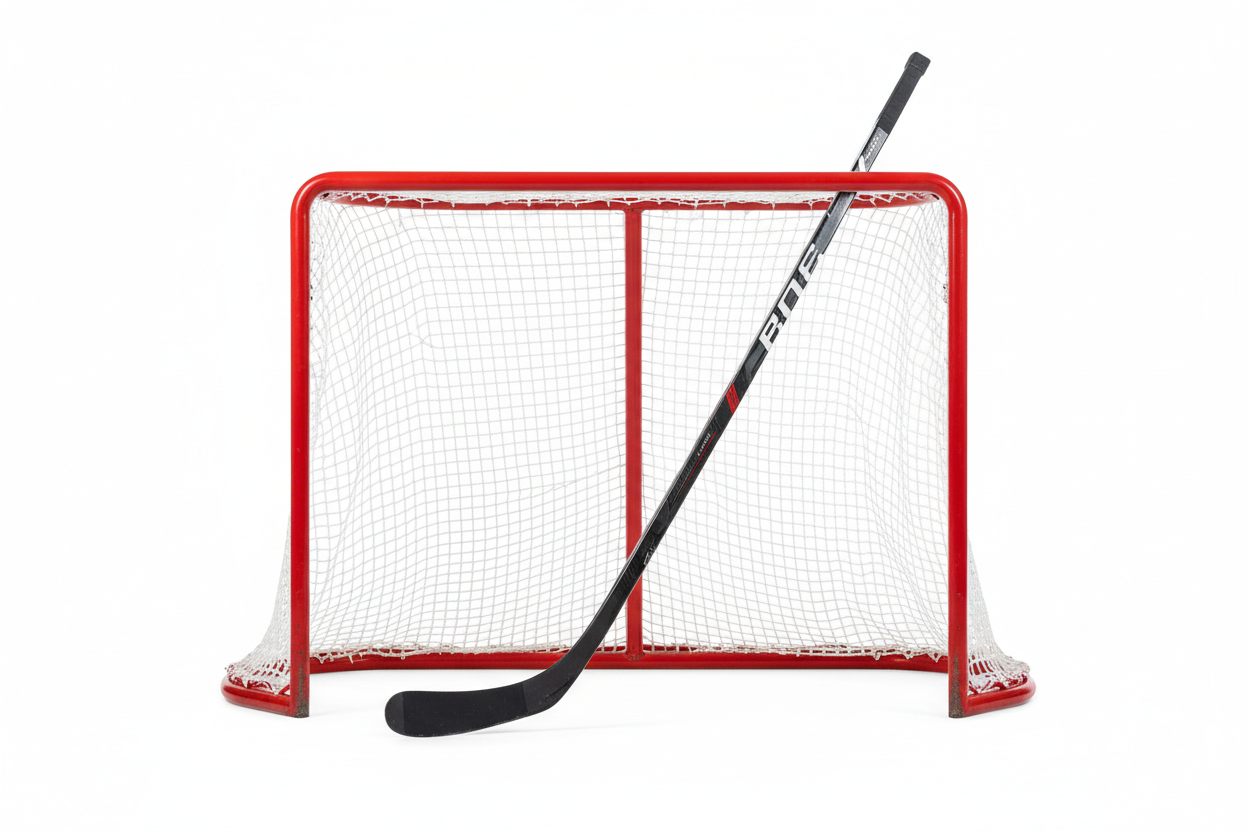 Hockey net with stick on it on white background